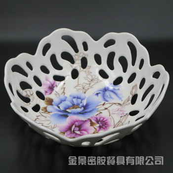 镂空绿沥水玫瑰牡丹中国风家用水果篮果盘不规则多边圆形客厅创意