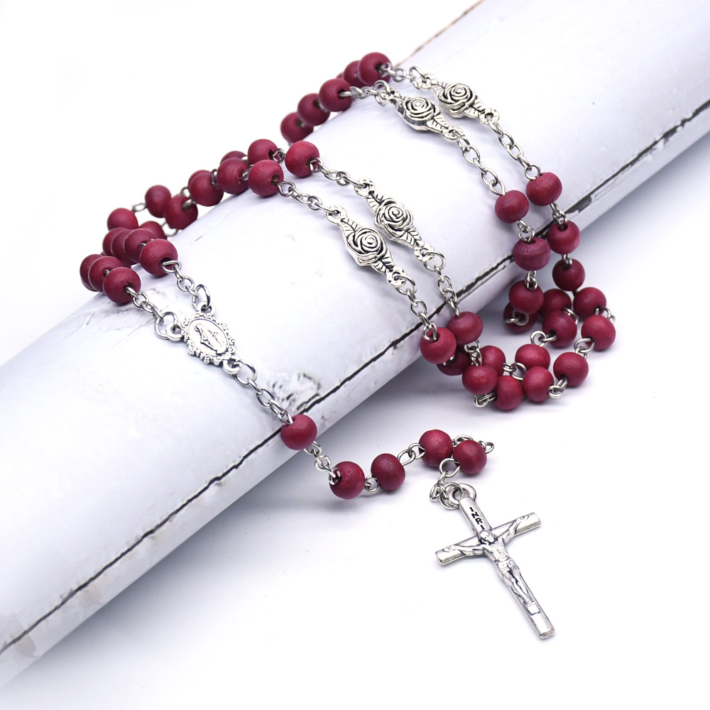 酒红色香味木珠玫瑰念珠项链圣母玛丽亚十字架宗教祈祷珠饰品礼品赠品详情图5