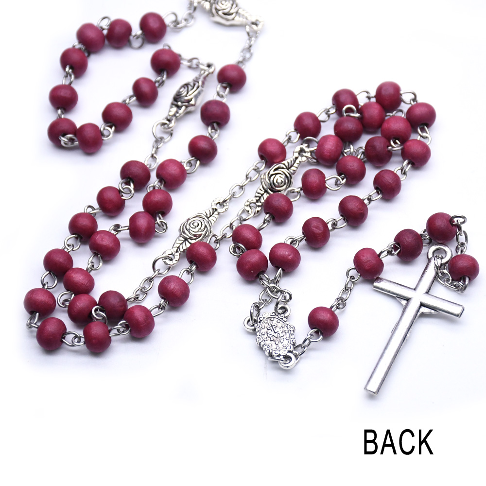 酒红色香味木珠玫瑰念珠项链圣母玛丽亚十字架宗教祈祷珠饰品礼品赠品详情图2
