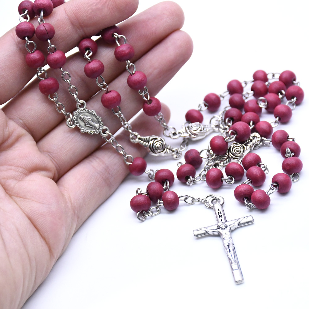 酒红色香味木珠玫瑰念珠项链圣母玛丽亚十字架宗教祈祷珠饰品礼品赠品详情图4