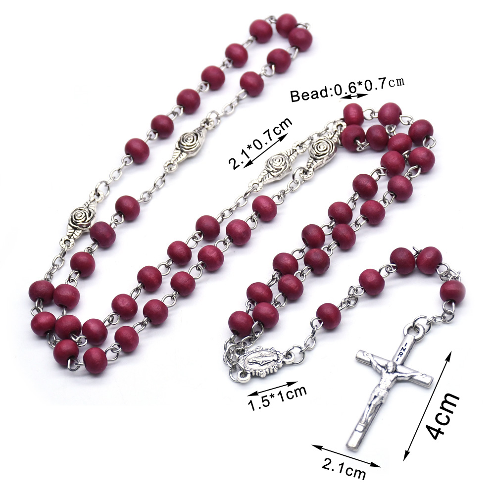 酒红色香味木珠玫瑰念珠项链圣母玛丽亚十字架宗教祈祷珠饰品礼品赠品详情图7