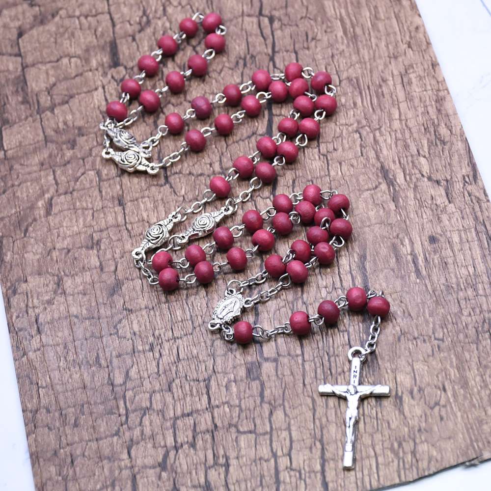 酒红色香味木珠玫瑰念珠项链圣母玛丽亚十字架宗教祈祷珠饰品礼品赠品详情图3