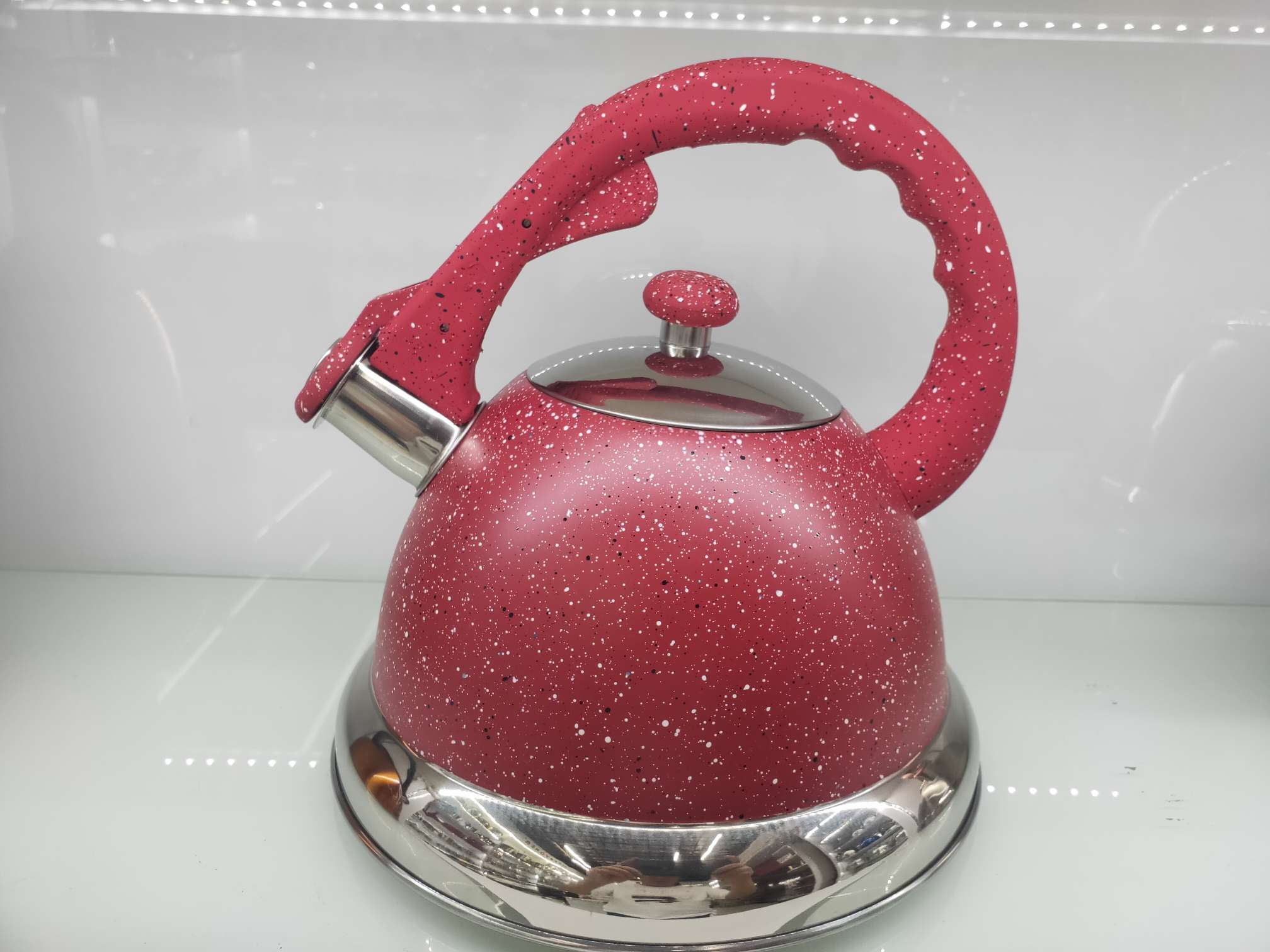 The stainless steel kettle has a spray-painted body and is suitable for both induction cookers and gas