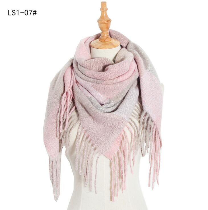 韩版新款欧美秋冬刺毛小格子方巾围巾披肩三角巾毛线冬款带须方巾详情图9