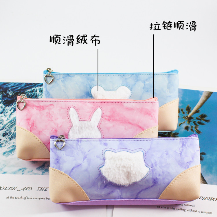 尼龙PU拼接可爱清新大容量铅笔盒 文具收纳袋 笔袋