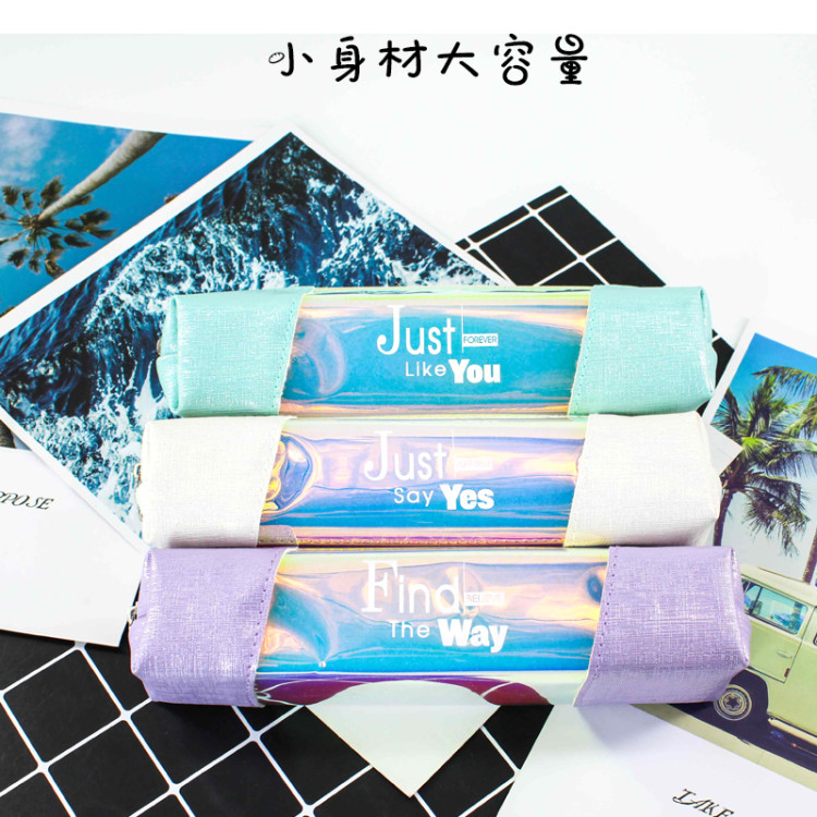 PVC拼接PU简约铅笔盒 文具收纳袋 笔袋白底实物图