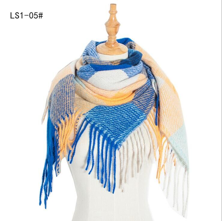 韩版新款欧美秋冬刺毛小格子方巾围巾披肩三角巾毛线冬款带须方巾详情图7