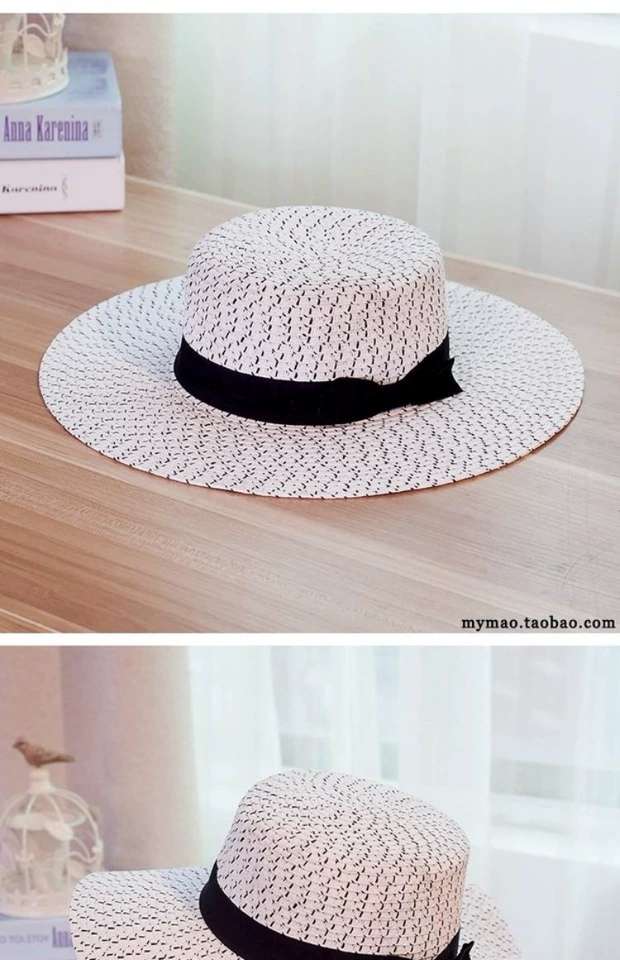 MYMAO Black and white flat-topped straw hat, women's summer beach hat, seaside vacation British top hat, sun protection and travel hat Specification image