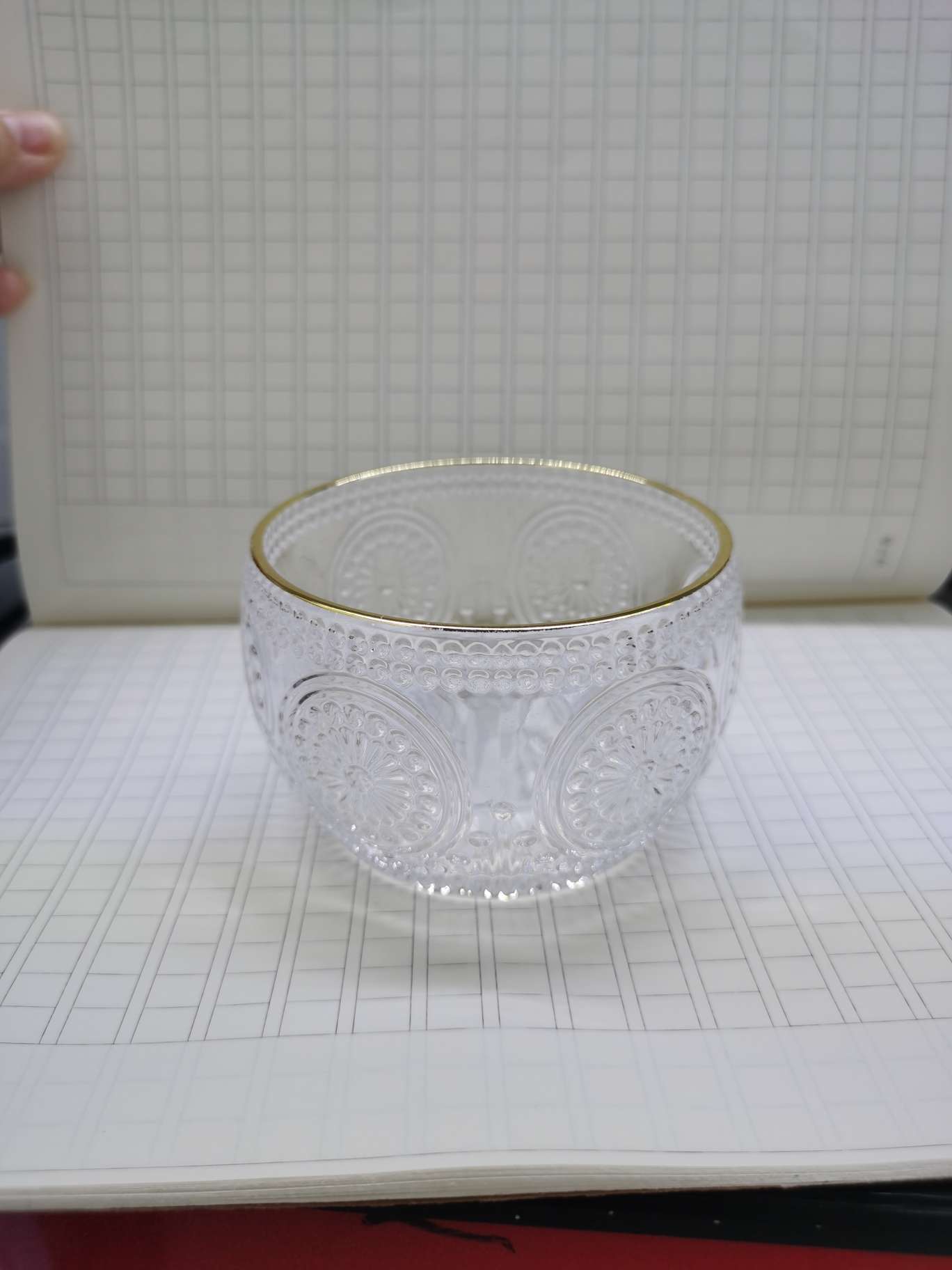 Small glass dessert bowl with gold rim thumbnail