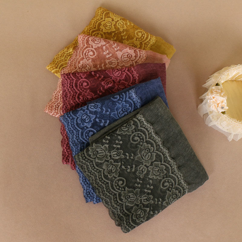 新款棉麻扎染围巾包头巾拼接蕾丝花边长围巾详情图7