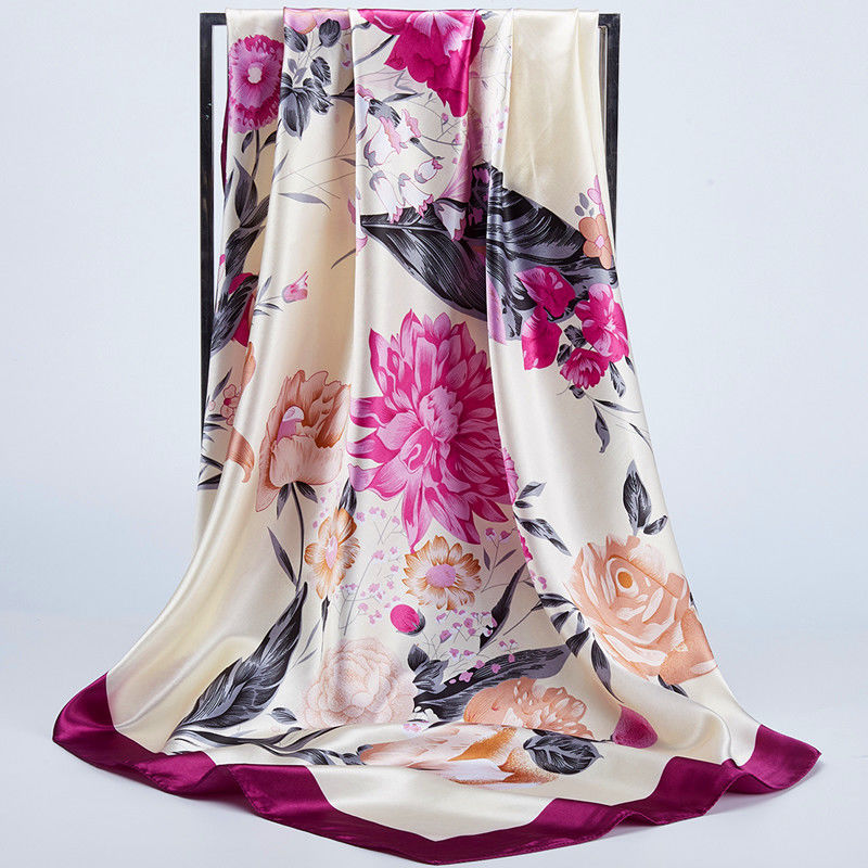 90*90 Silk Scarf Women's Silk Imitation Silk Large Square Scarf Four Seasons Available Shawl Scarf undefined
