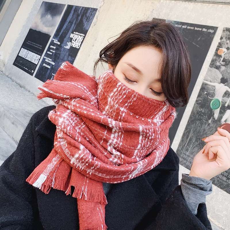 Red And White Grid Ins Scarf Korean Lady Scarf Warm Thickened Super Cute Temperament Scarf Everything Casual Trend Fashion Women