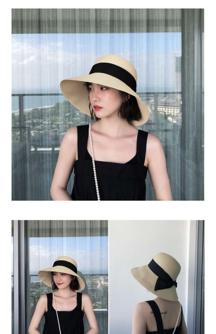 ins style straw hat for women, summer foldable beach hat, women's vacation sun hat, bow fisherman hat, straw hat, basin hat details Picture