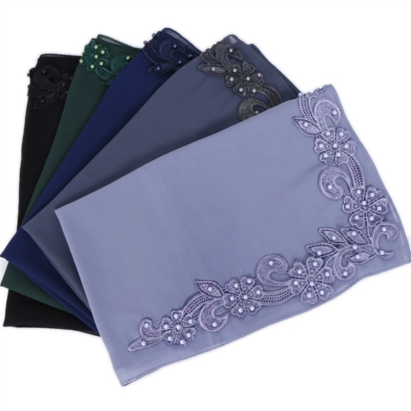 穆斯林包头巾回族珍珠雪纺对花订珍珠大方巾 长巾产品图