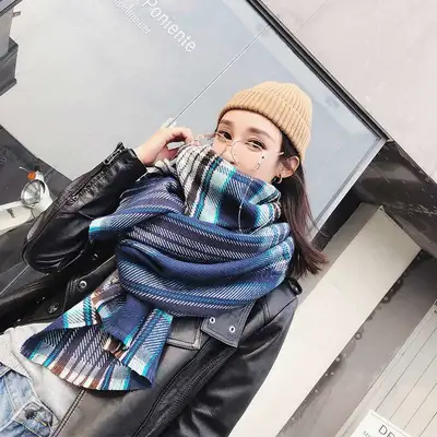 Blue Grid Network Red Ins Korean Version Korean Version Of Lady Scarf Warm Thickening Large Lovely Temperament Scarf All Casual Trend Fashion Women