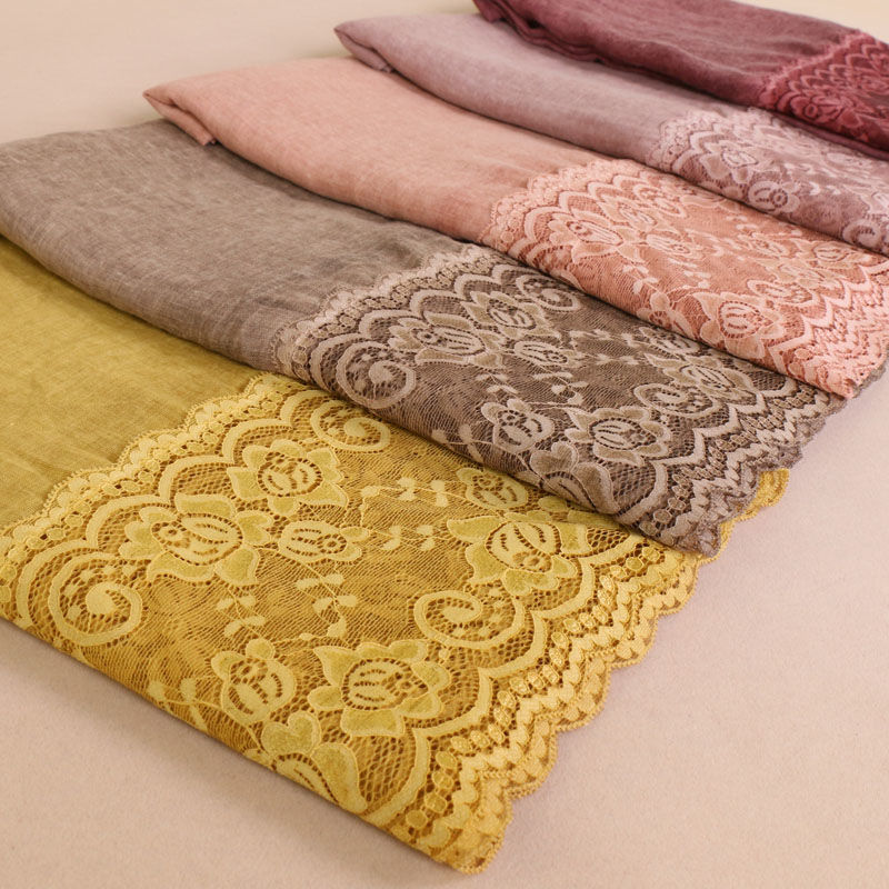 新款棉麻扎染围巾包头巾拼接蕾丝花边长围巾详情图9