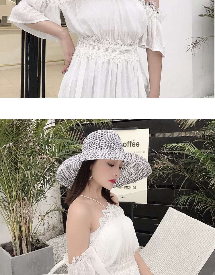 MYMAO black and white flat-topped straw hat for women, summer beach hat, seaside vacation, British top hat, sunshade details Picture