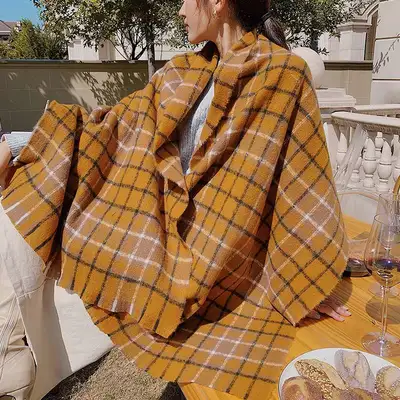 Orange-Grey Grid Ins Korean Version Korean Version Lady Scarf Warm Thickened Super Cute Temperament Scarf All Casual Trend Fashion Women