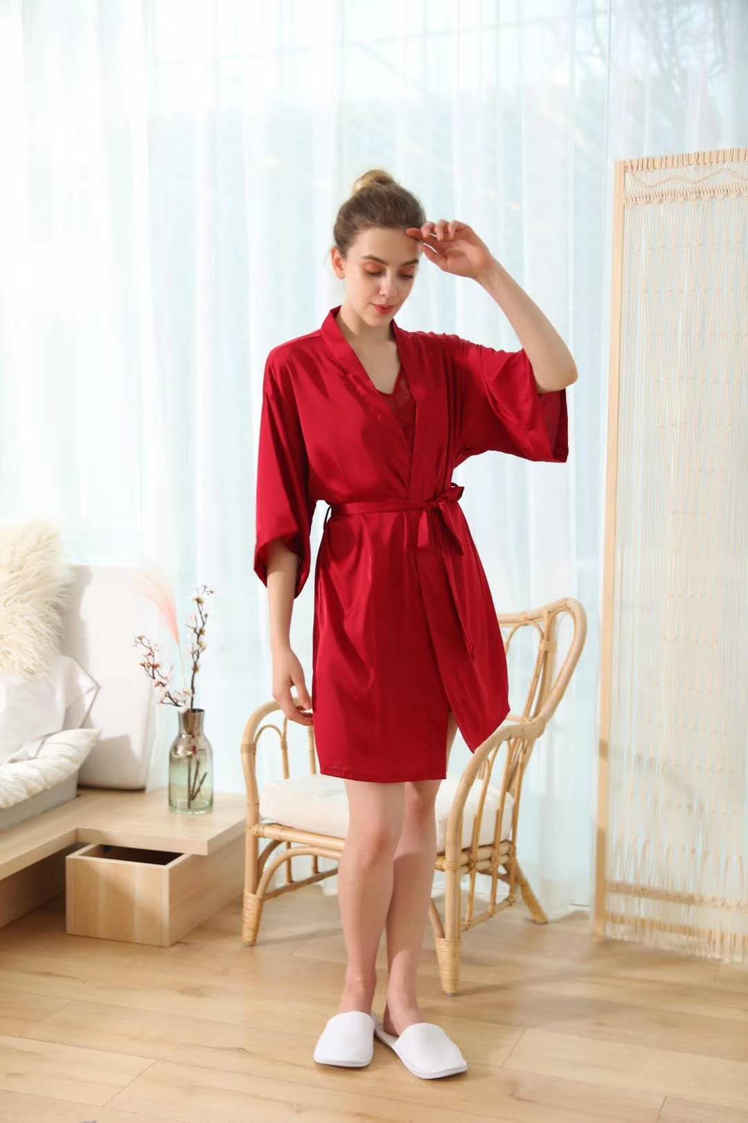 Color Ding Two-Piece Ice Silk Lace Red Women's Nightdress