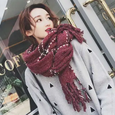Dark Red Stripes Winter Scarf Korean Lady Scarf Warm Thick Super Cute Temperament Scarf All Casual Trend Fashion Women