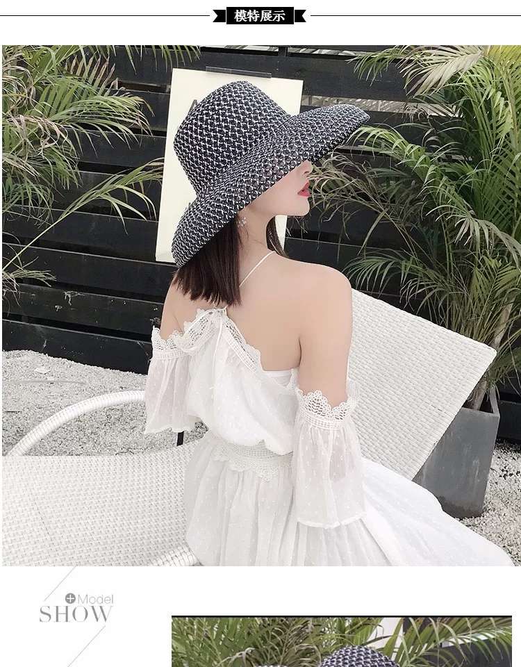 MYMAO black and white flat-topped straw hat for women, summer beach hat, seaside vacation, British top hat, sunshade
