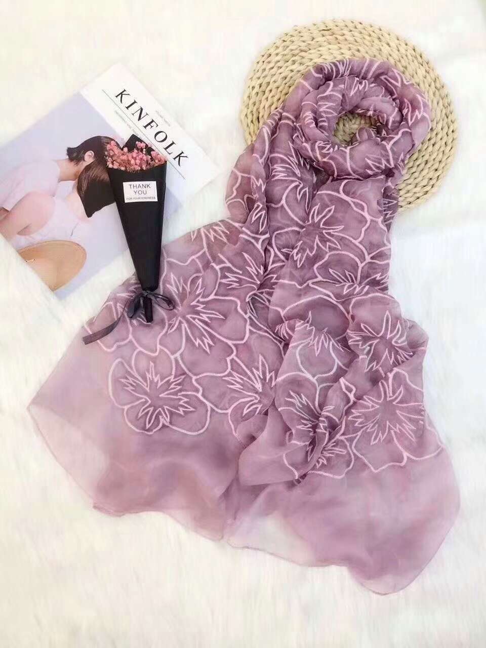 Imitation Silk Dirty Dyed Embroidered Rose Sun Protection Scarf Ladies Explosive 2021 Item Picture