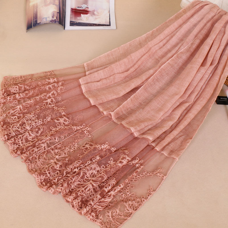 新款棉麻扎染围巾包头巾拼接蕾丝花边长围巾详情图6