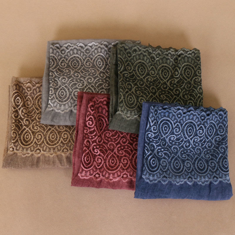 棉麻扎染围巾时尚包头巾拼接蕾丝花边女穆斯林头巾长巾详情图6