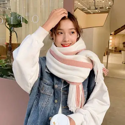 White Stripes Pure Girl Korean Lady Scarf Warm Thick Super Cute Temperament Scarf Everything Casual Trend Fashion Women