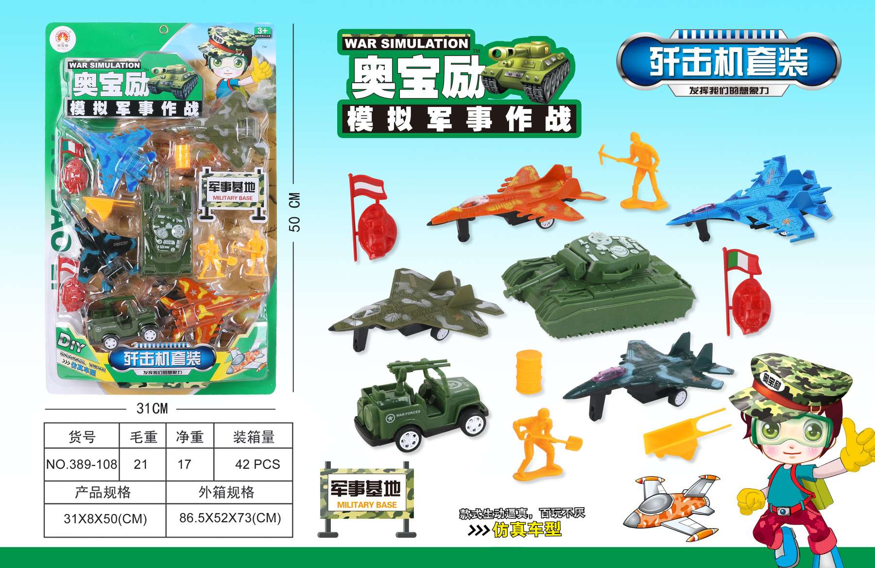儿童玩具回力惯性车子模拟军事作战车子套装 板装 389－108产品图