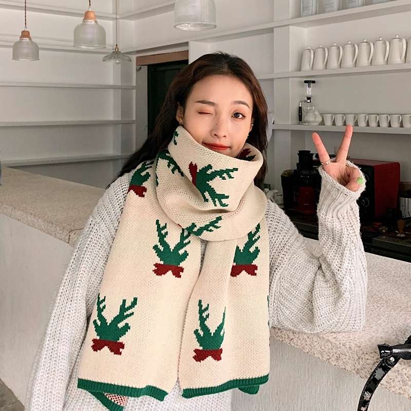 可爱印花白色少女ins韩版淑女丝巾保暖加厚超大可爱气质围巾百搭休闲潮流时尚女