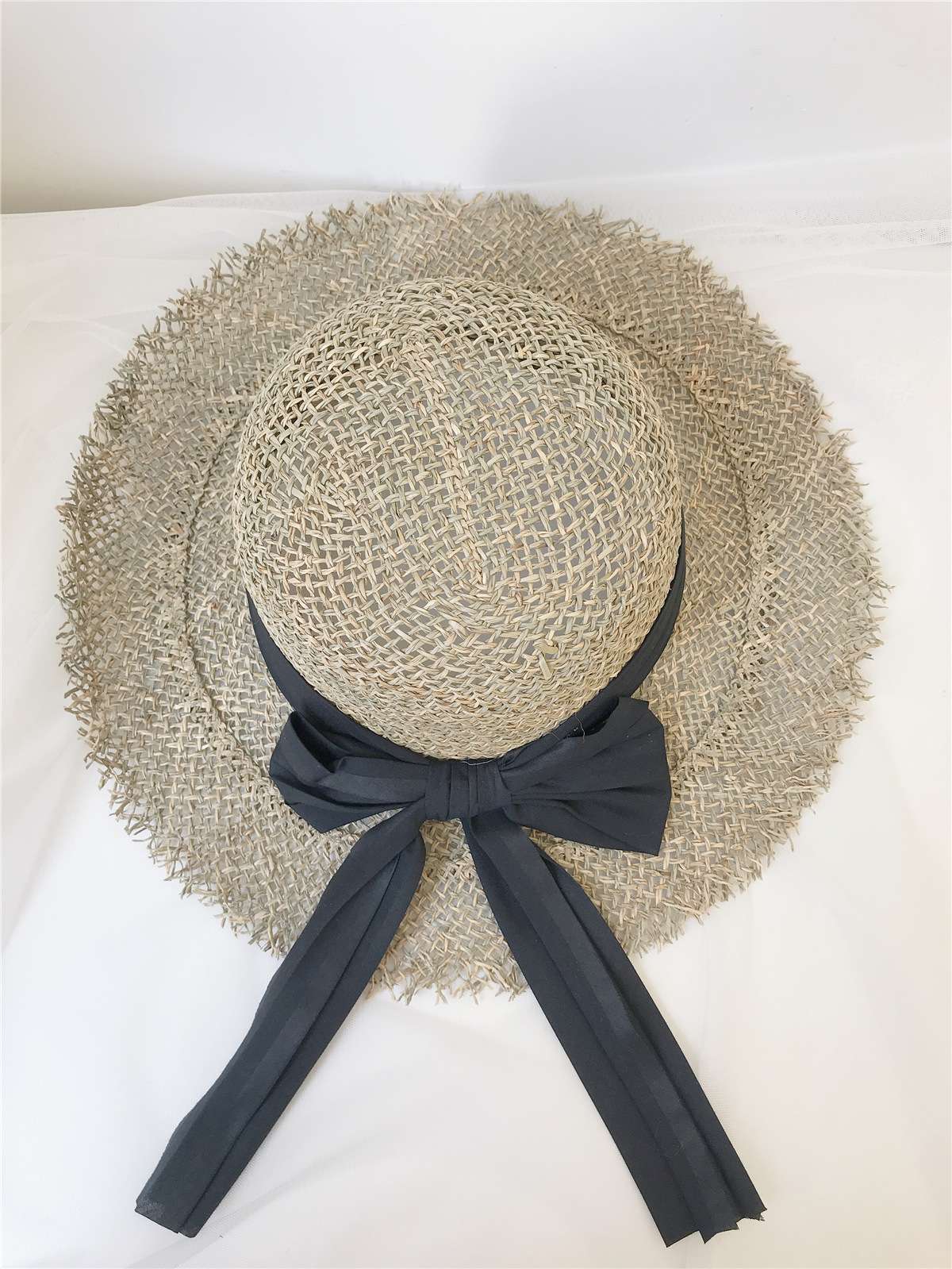 草帽女春夏咸草大沿蝴蝶结出游度假帽子女毛边镂空防晒遮阳渔夫帽产品图