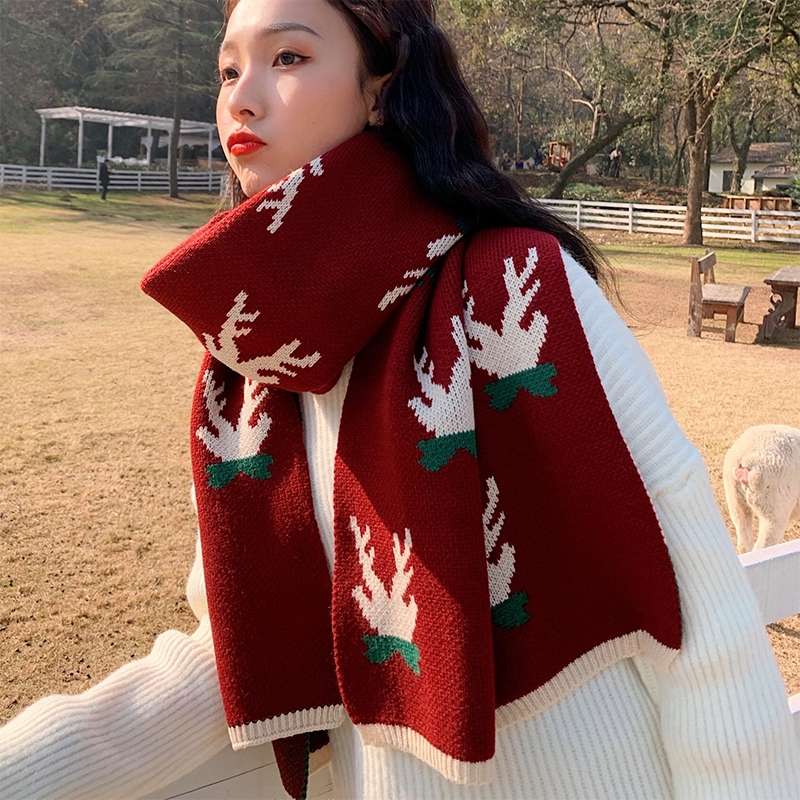 Cute And Charming Red Print Ins Korean Lady Scarf Warm Thick Super Cute Temperament Scarf All Casual Trend Fashion Women