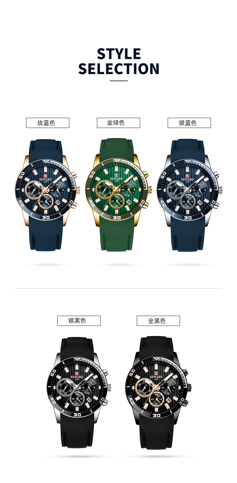 爆款日历夜光防水多功能计时码表运动手表硅胶手表白底实物图