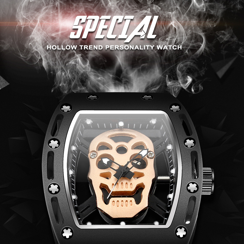 Fashionable men's watches, skull skeleton wine barrel-shaped watches, student watches, silicone quartz watches Item Picture