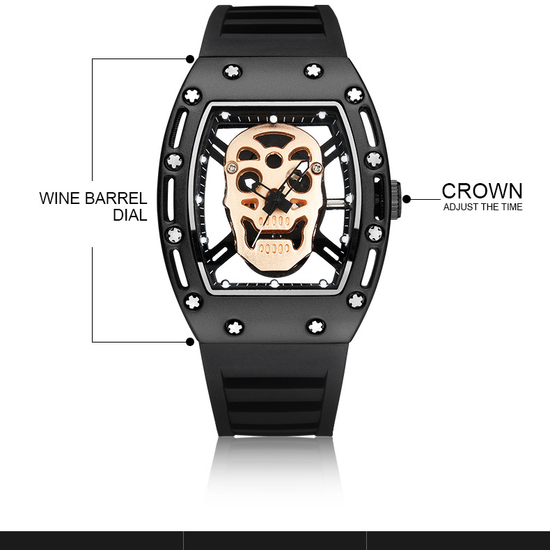 Fashionable men's watches, skull skeleton wine barrel-shaped watches, student watches, silicone quartz watches Specification image