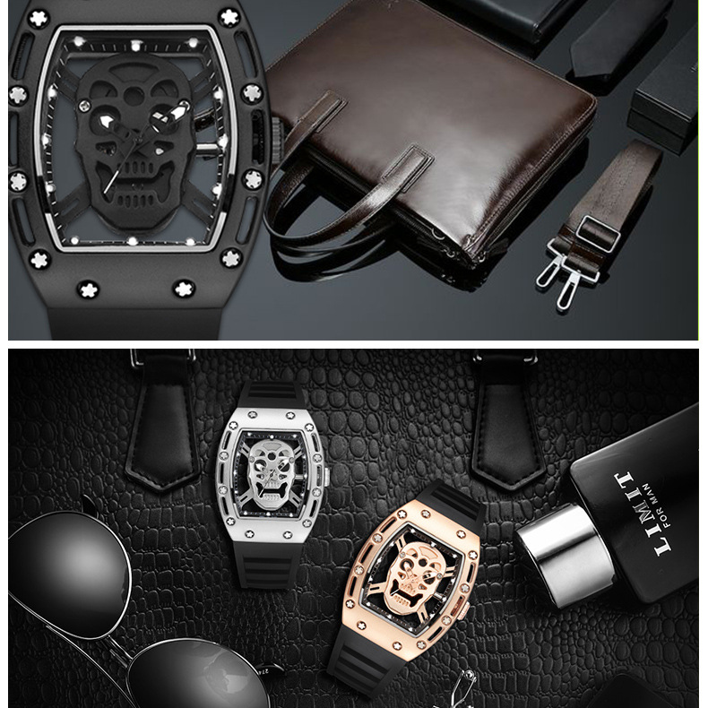 Fashionable men's watches, skull skeleton wine barrel-shaped watches, student watches, silicone quartz watches details Picture