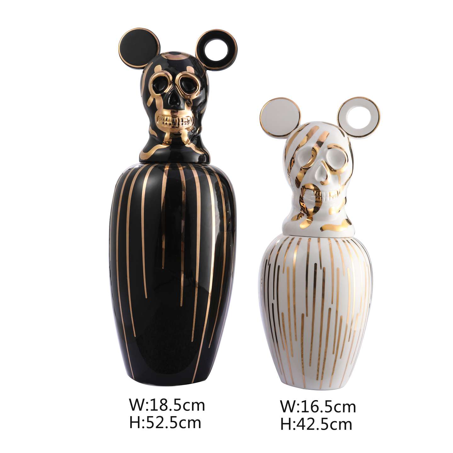 Ceramic black and white skull with gold jar, large height 52.5*18.5, small height 42.5*16.5