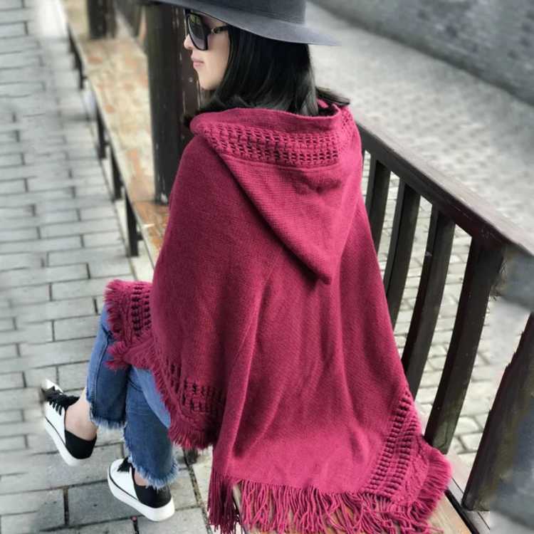 Spring and Autumn Korean-style student versatile hooded, fringed, cut-out knitted sweater, shawl, cape, woolen top, coat for women