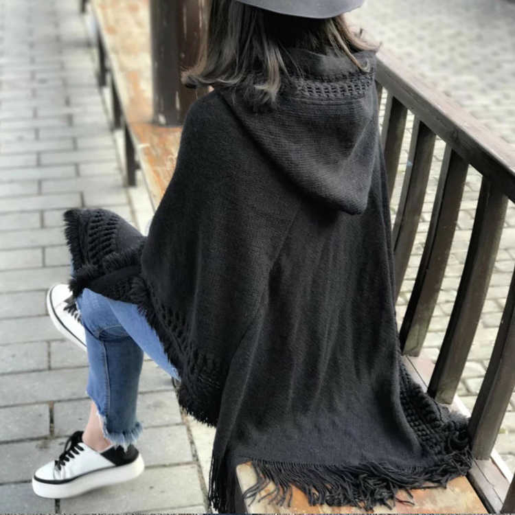 Spring and Autumn Korean-style student versatile hooded, fringed, cut-out knitted sweater, shawl, cape, woolen top, coat for women Specification image