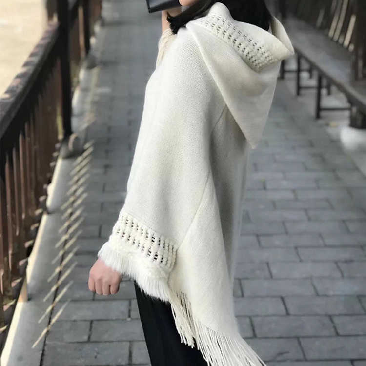 Spring and Autumn Korean-style student versatile hooded, fringed, cut-out knitted sweater, shawl, cape, woolen top, coat for women Application Scenario