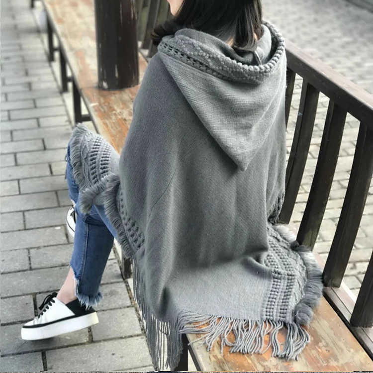 Spring and Autumn Korean-style student versatile hooded, fringed, cut-out knitted sweater, shawl, cape, woolen top, coat for women undefined