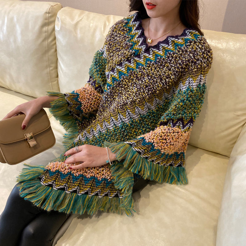 New autumn and winter fashion pullover sweater jacket for women, Korean style loose ethnic style striped knitted shawl cape top details Picture