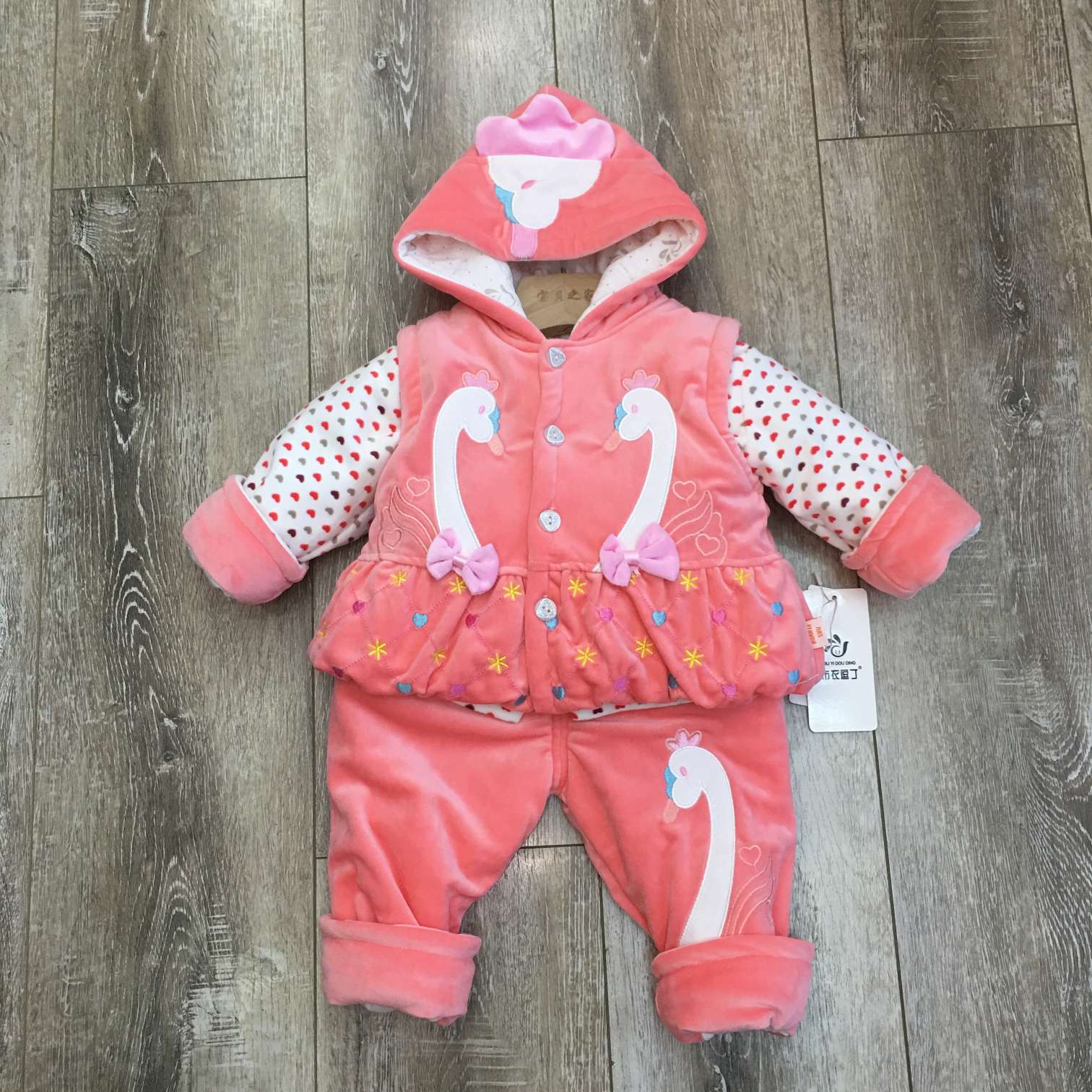 初生婴儿夹衣三件套，天鹅款套装