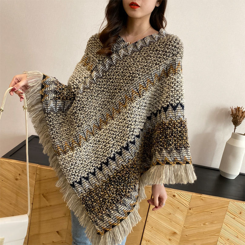New autumn and winter fashion pullover sweater jacket for women, Korean style loose ethnic style striped knitted shawl cape top Specification image