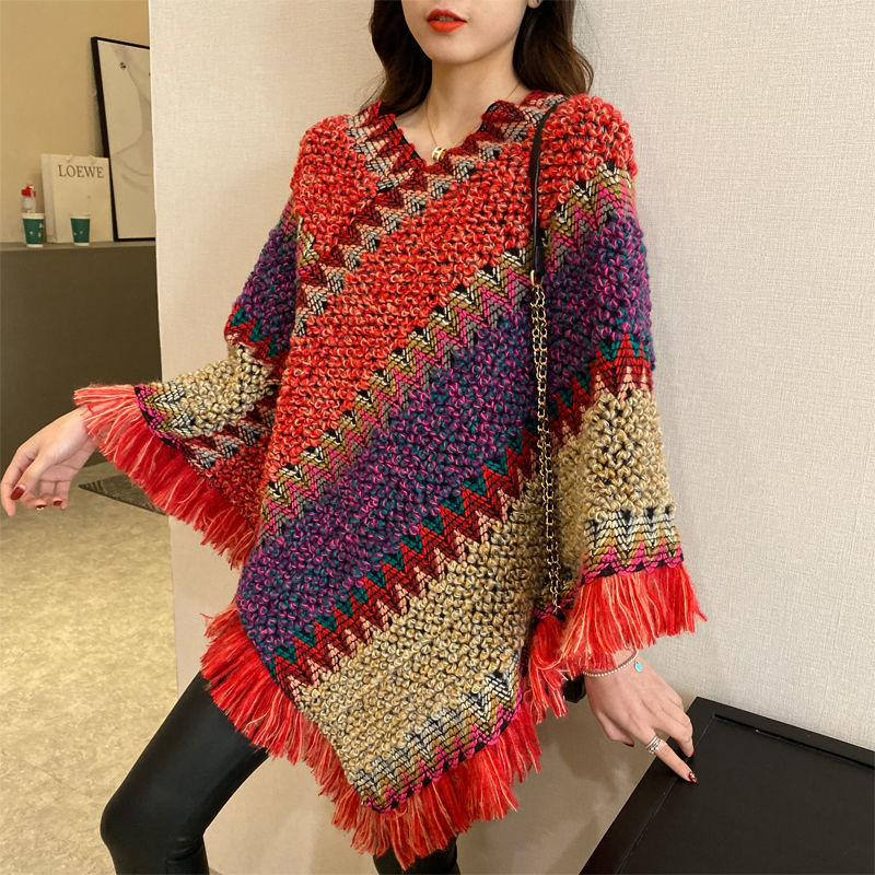 New autumn and winter fashion pullover sweater jacket for women, Korean style loose ethnic style striped knitted shawl cape top Application Scenario