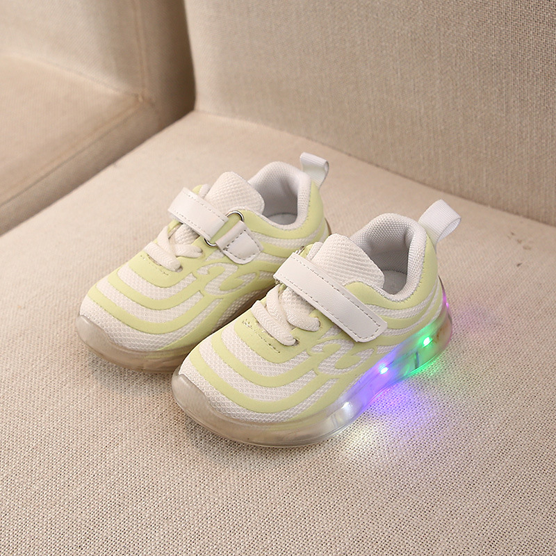 新款童鞋带灯网面发光男女儿童运动鞋休闲系带魔术贴板鞋厂家直销白底实物图