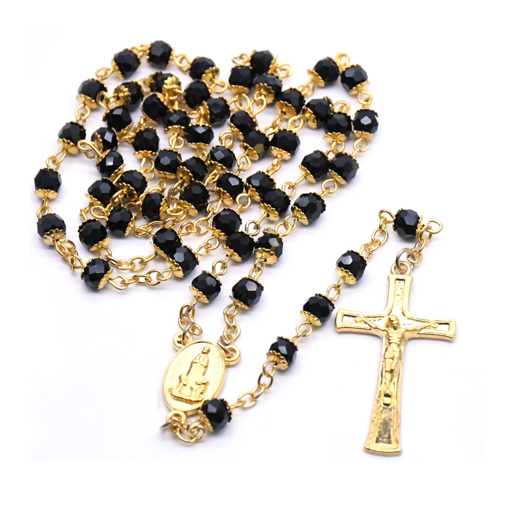 4*6 Black crystal gold rosary necklace Fatima Madonna Cross ornament Catholic religious articles thumbnail