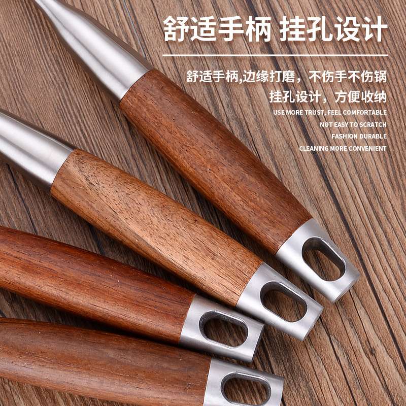 201 stainless steel cooking set, household kitchenware spoon and spatula four-piece set, hotel heat-resistant wooden handle spatula and soup spoon wholesale Specification image