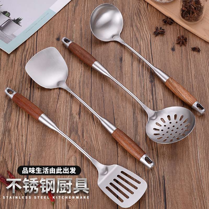 201 stainless steel cooking set, household kitchenware spoon and spatula four-piece set, hotel heat-resistant wooden handle spatula and soup spoon wholesale undefined